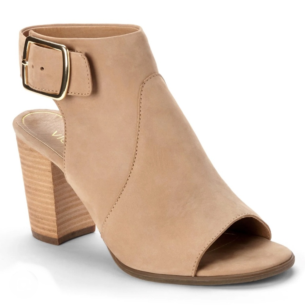 Vionic Tan Suede Peep-Toe Heeled Boots